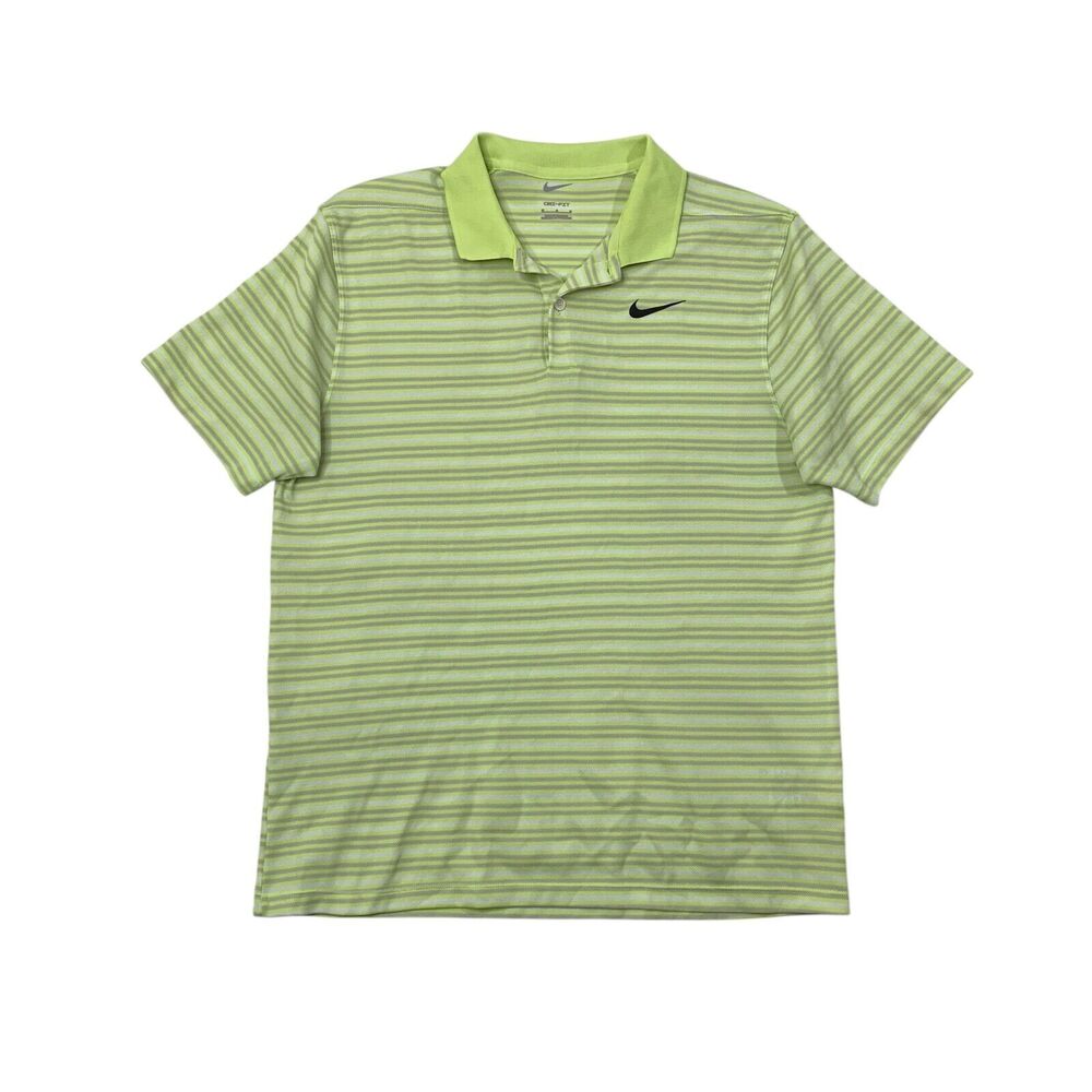 NIke Golf Shirt Mens M Medium Acid Lime Grey Victory Dri Fit Striped Polo
